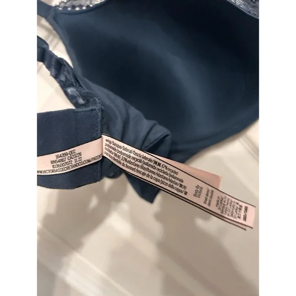Victorias Secret 38D Bra Body by Victoria Lined Demi Padded Floral Lace Blue - Picture 8 of 14